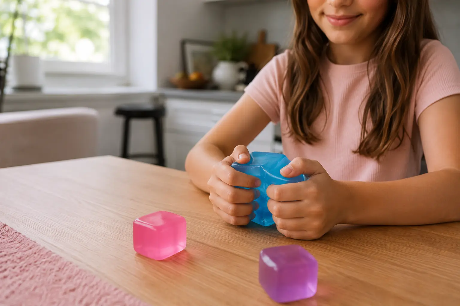 Child squeezing a blue translucent cube-shaped sensory toy beside pink and purple cubes at a table